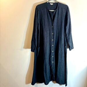 MAIWA Sz L Button-Down Dress Coat Pleated Back Midi 100% Raw Linen A-Line